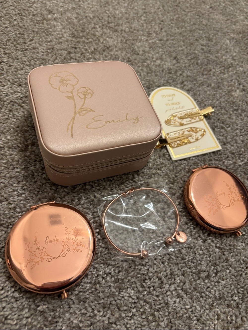 Rose Gold Compact Mirror/Jewelry Holder Set : 5-Pack (EMILY NAME SET)